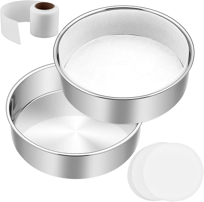 6 Inch Cake Pan Set of 2, E-Far Stainless Steel Round Layer Smash Cake Baking Pans with Parchment Rounds & Side Liner Roll, Non-Toxic & Healthy Metal Cakes Tin, Straight Side & Dishwasher Safe