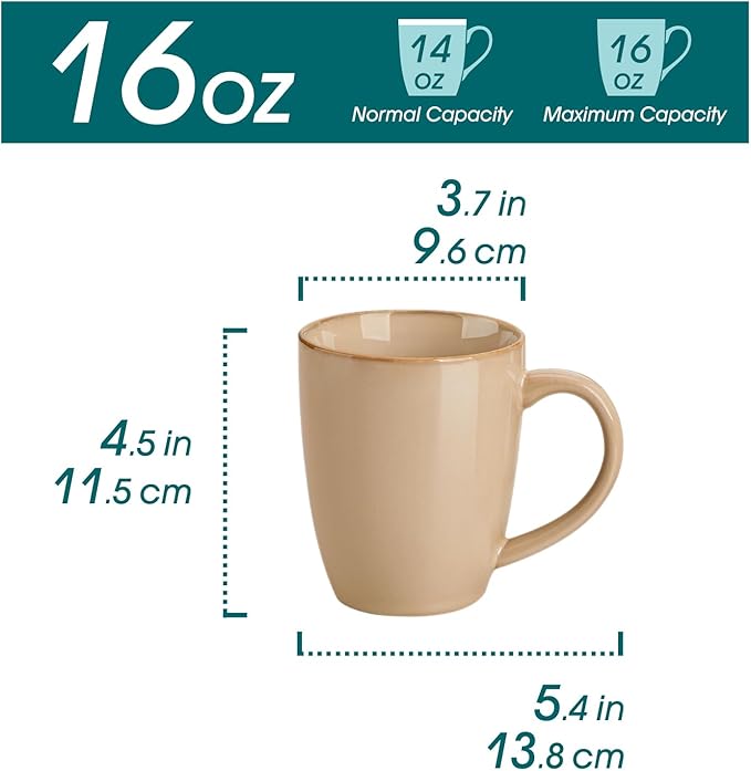 vancasso PLAYA Ceramic Coffee Mug Set of 6, 16 Oz Tea Cups with Handle for Latte, Tea, Cappuccino, Milk, Cocoa, Microwave&Dishwasher Safe, Brown