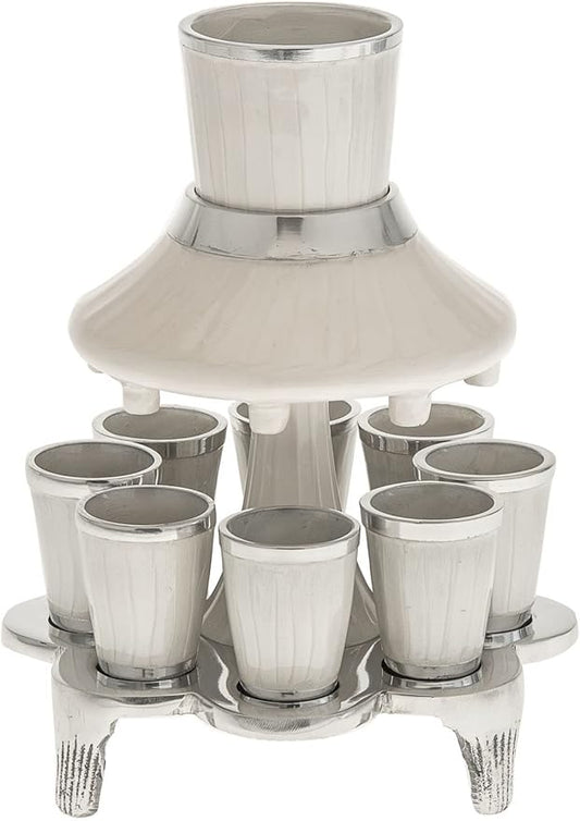 (D) Judaica Fountain in Enamel with 8 Cups (1 Ounce) Kiddush Item (White)