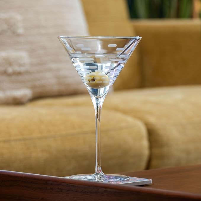 Rolf Glass Strata Martini Cocktail Glass | Made in America | 10oz Martini Glass | Diamond Engraved Crystal Glass | Geometric Brick Design | Set of 2