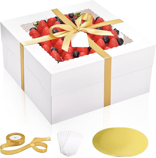 16Pcs 12x12x6 Inch Cake Boxes with Cake Boards (8Pcs White Cake Boxes, 8Pcs Cake Boards), Bakery Boxes with Window, Cake Carrier Container for Birthday Party, Wedding