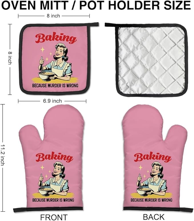 Baking Because Murder is Wrong Funny Oven Mitts and Pot Holders Set, Vintage Baking Kitchen Gadgets, Sarcastic Baking Gifts for Women Chef Hostess Mom Sister BFF Baking Lovers