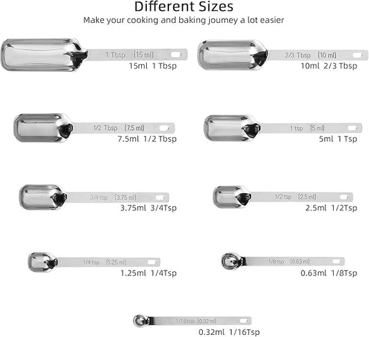 Measuring Spoons Set, 18/8 Stainless Steel Measuring Spoons, Heavy Duty Narrow Metal Measure Spoon with Long Handle, Metric & US Engraved Measurements Set 9 Fits in Spice Jars for Dry or Liquid