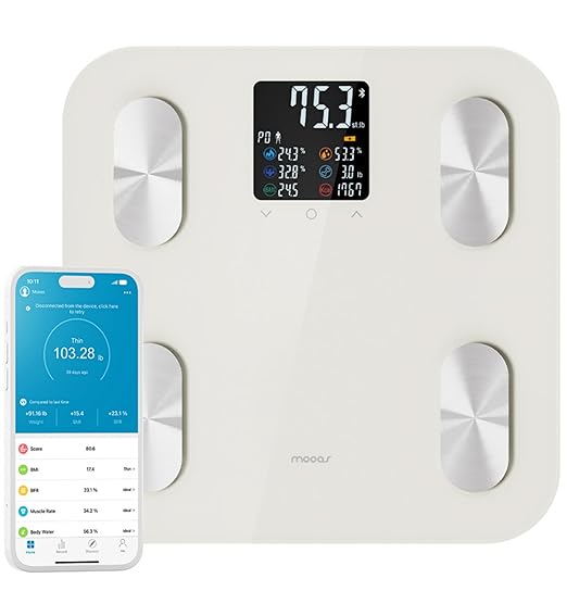 mooas Smart Scale for Body Weight Fat Bluetooth Scale, Digital Bathroom Scale with BMI, Body Fat, Muscle Mass Composition, LCD Accurate Wi-Fi Bluetooth Scale for Home Smartphone App, 396 lbs (Ivory)