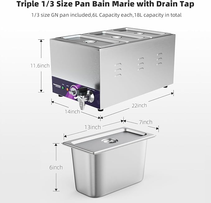 3-Pan Commercial Food Warmer with Non-Leakage Stretch-Forming Water Tank &3 of 1/3 Size GN Pan,Countertop Soup Station Bain Marie with Drain Tap for Buffet,Catering,Parties and Restaurants