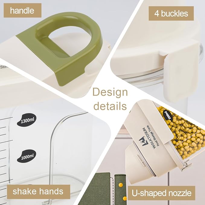 Cereal Containers Storage with Pour Spout Airtight Food Storage Containers Cereal Dispenser Sealed Kitchen Canisters for Nuts Flour Sugar Beans Dry Food, BPA Free (1800ml Green)