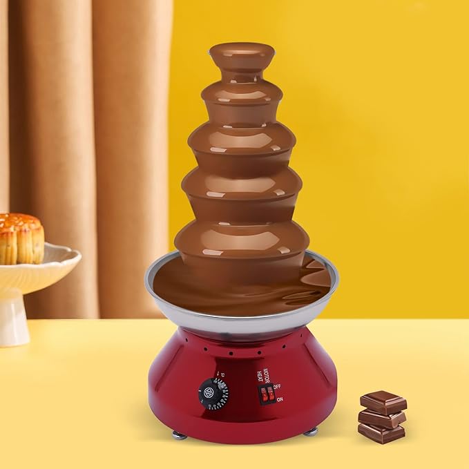 Commercial Chocolate Fountain 5 Tiers Hot Chocolate Fondue Tower Stainless Steel Hot Chocolate Melting Machine 7 Lbs Fondue Fountain Machine for Cheese Party Wedding Gathering (Vintage Red)