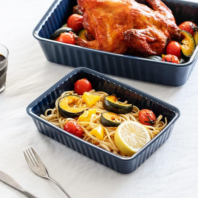Ceramics baking dish set of 2, Rectangular Baking Dish, Lasagna Pans for Cooking, Kitchen, Cake,Dinner, Banquet and Daily Use, 12x 8 Inch & 8.95 x 6 inch of Casserole Dishes (Dark Blue)