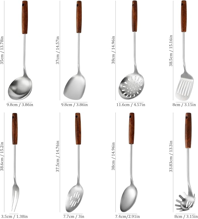 304 Stainless Steel Kitchen Utensils Set, 8 Pcs Long Cooking Utensils Set with Wooden Handle, Large Heat Resistant Kitchen Tools(Dishwasher Safe)