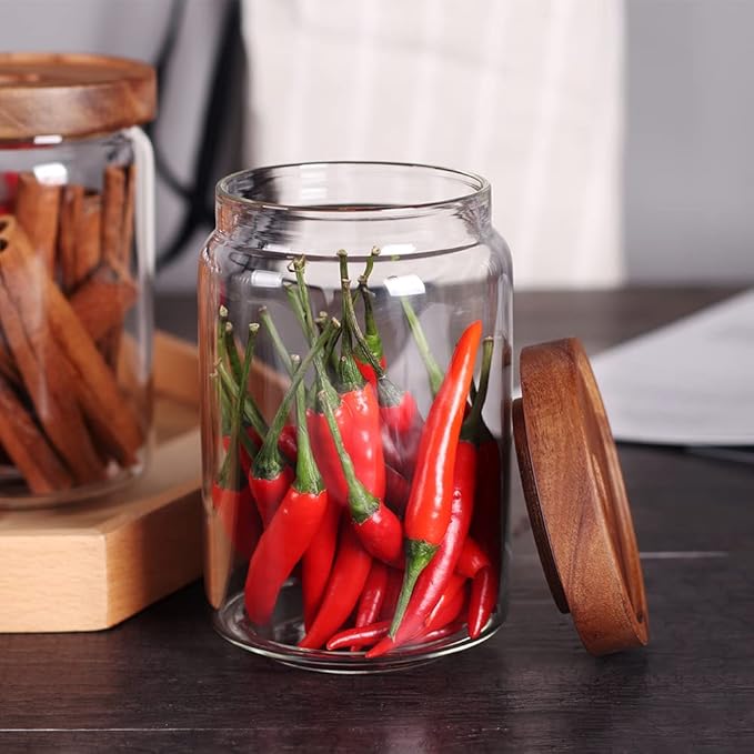 SAIOOL Glass Jars, Food Storage Containers with Airtight Acacia Lids, 20FL OZ(600ml) Glass Canisters Set-3, Clear Containers Suit for Storing Tea, Coffee, Flour, Candy, Cookie, Rice, Sugar, Pasta