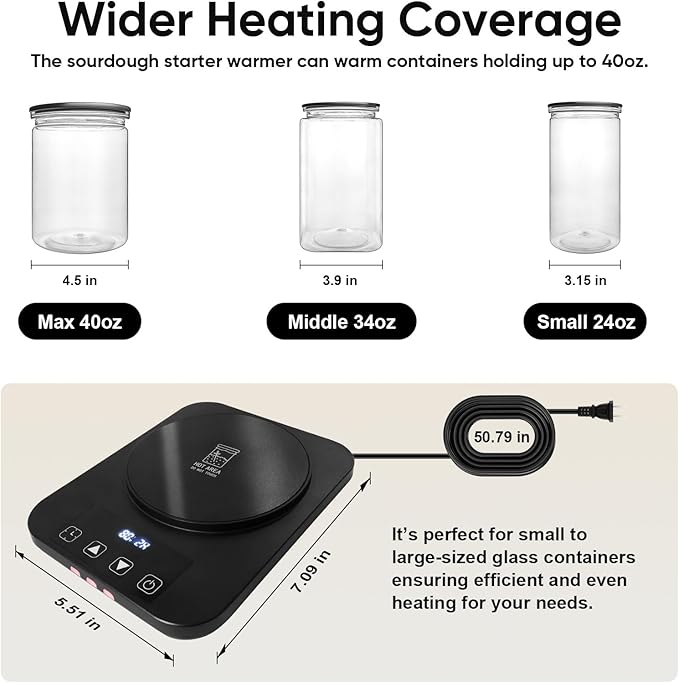 Sourdough Starter Warmer 3.0 with Thermostat Control(4.5-Inch Heating Area,70-100°F), Auto Warming On/Off, 12-Hour Timer,Perfect for Sourdough Fermentation & Home Baking (110V,Black)