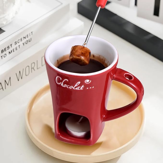 Meltie Cup, Portable Ceramic Meltie Cup Handcrafted Fondue Cups with Fork and Spoon, Chocolate Melting Mug Set for Desserts, Snacks (Black)