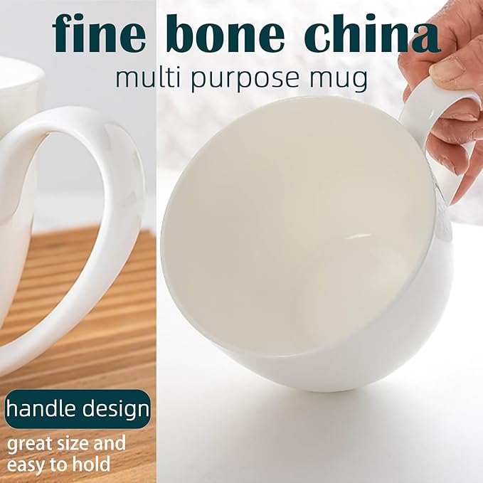 22 OZ White Bone China Soup Mugs with Handles, Large Ceramic Coffee Mugs Set of 2 for Hot Chocolate Cocoa Cereal Salads Yogurt Beverage Milk Latte Cappuccino, Dishwasher Microware Safe