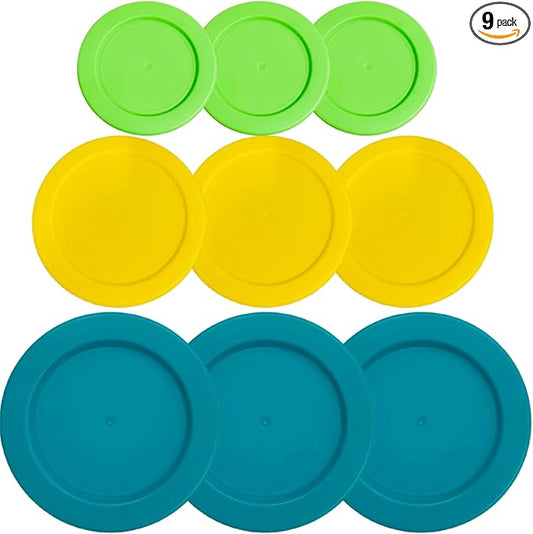 2, 4 & 7 Cup Spring Green, Yellow, Turquoise Replacement Lids/Covers for Pyrex, Anchor Hocking & KlareWare Storage Bowls *Lids Only Glass Container Not Included* (9 Pack *Three of Each Size*)
