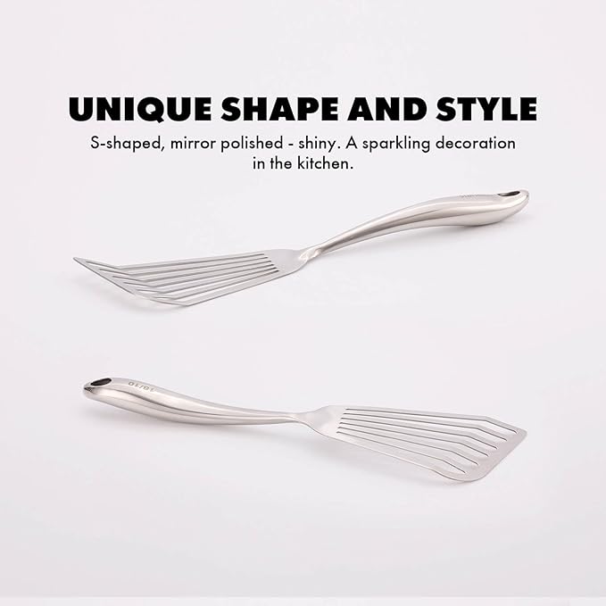 18/10 Stainless Steel Fish Spatula Set – 2 PCS All Metal Fish Spatula Turner, Shining Slotted Spatulas Set for Kitchen Use, Mirror Polished, Heavy-duty, Dishwasher Safe