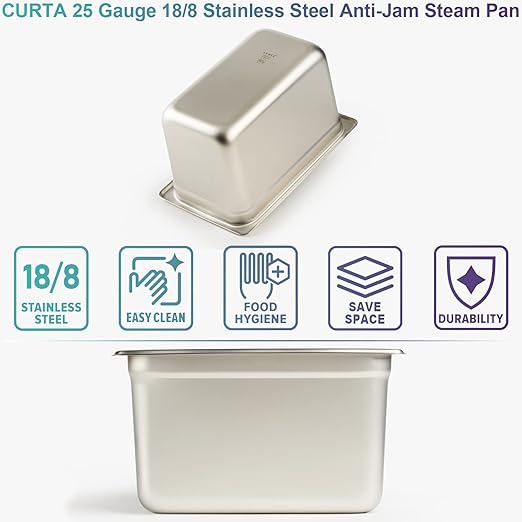 CURTA 6 Pack Anti-Jam Hotel Pans, 1/4 Size 6 Inch Deep, NSF Commercial 18/8 Stainless Steel Chafing Steam Table Pan, Catering Storage Metal Food Pan