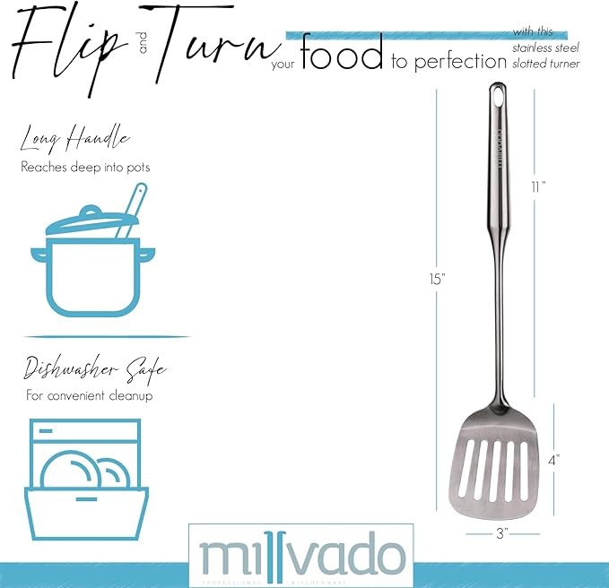 Stainless Steel Cooking Spatula,15 Inch Metal Turner, Kitchen Slotted Flipper For Grills, Camping BBQ’s, Frying Pancakes, Burgers, Large Cookware For the Professional Chef