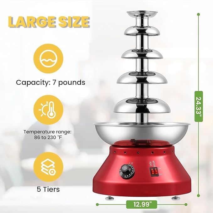 Chocolate Fondue Fountain 5 Tiers Digital Stainless Steel Electric Cheese Fountain Chocolate Dipping Warmer Chocolate Melting Heating Machine Hot Chocolate Fondue Tower (Red-5 Tiers)
