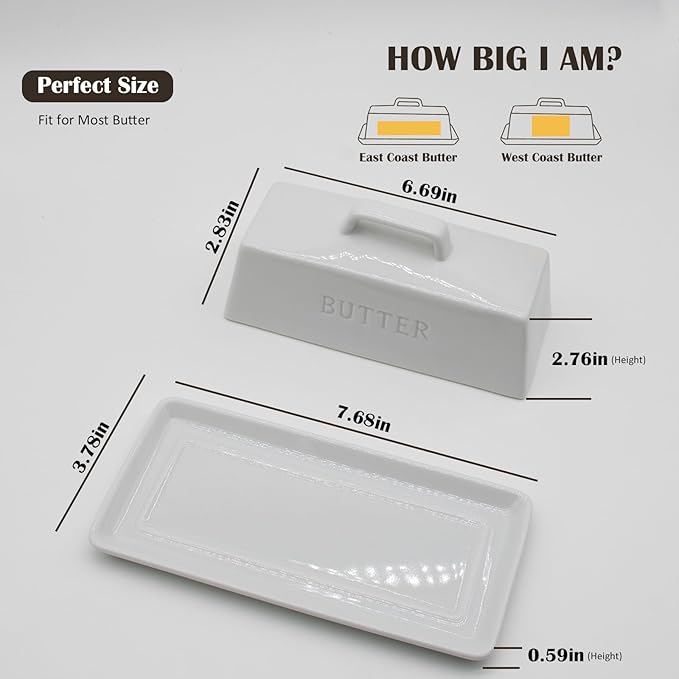Ceramic Butter Dish With Lid for Countertop, Covered Butter Container, Large Butter Holder With Lid, Butter Tray With Handle White