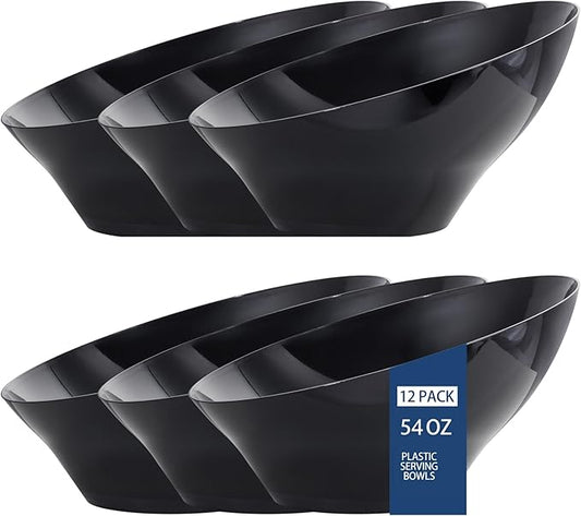 bUCLA 12 Pack Black Plastic Serving Bowls - 54 OZ Angled Bowls Disposable for Chip&Candy - Party Table Salad and Fruit for Party, Wedding & Halloween