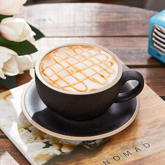 Vintage Design 12 oz Ceramic Latte Art Cappuccino Barista Cup with Saucer (Rough Black)