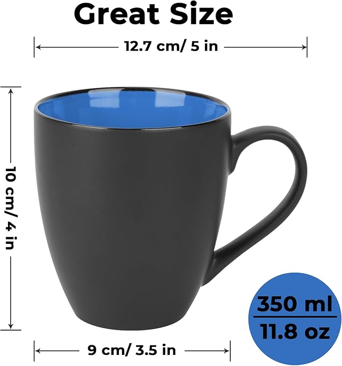 MIAMIO - Set of 6 Stoneware Coffee Mugs 12 Ounce/Cup Set - Le Papillon Collection (Black-Blue)