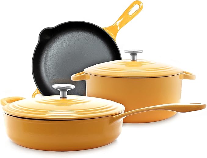 Chantal Enameled Cast Iron Cookware, 5 pc Set; 5Qt Dutch, 4Qt Covered Skillet and 10" Fry Pan, Marigold