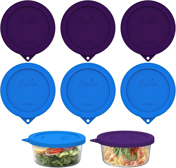 Sophico 4 Cup Round Silicone Storage Cover Lids Replacement for Anchor Hocking and Pyrex 7201-PC Glass Bowls (Container not Included) (PurpleBlue-6 pack)