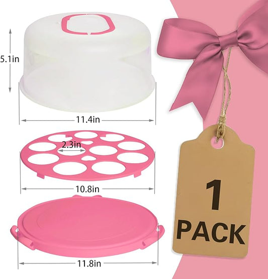 Pink Plastic Cake Carrier with Lid and Handle, Multipurpose Cupcake Holder Stand Serving Platter for 10'' Cake, Round Portable Dessert Storage Container Box with Cover for Pie Pizza Fruit Snack