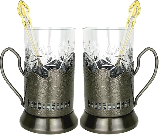WORLD GIFTS 6 Piece Russian Tea Set Crystal Tempered Hot Tea Glasses with Metal Glass Holders Podstakannik w/Teaspoon - Vintage Design Drinkware