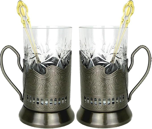 WORLD GIFTS 6 Piece Russian Tea Set Crystal Tempered Hot Tea Glasses with Metal Glass Holders Podstakannik w/Teaspoon - Vintage Design Drinkware
