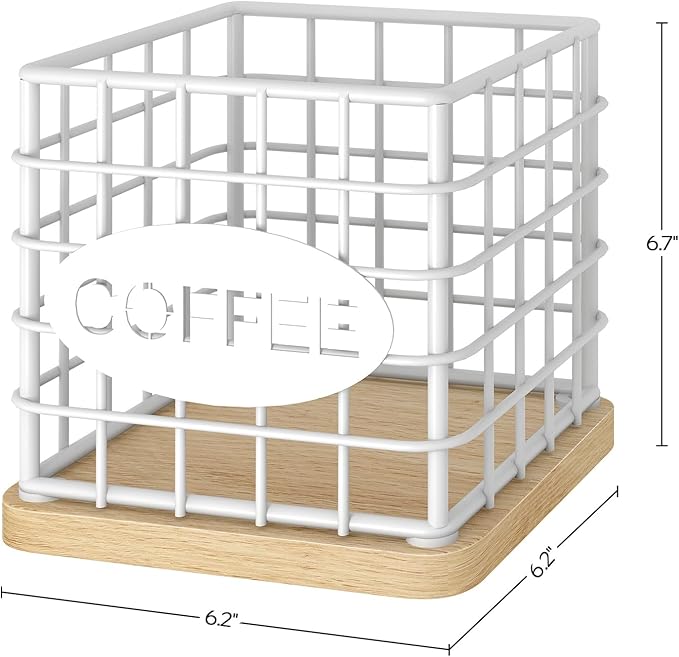 Coffee Pod Holder Organizer, Large Capacity Coffee Pod Basket for K Cup, Coffee Capsule Storage Basket with Wooden Base, Space Saving, for Kitchen Countertop, White and Natural KH10WN