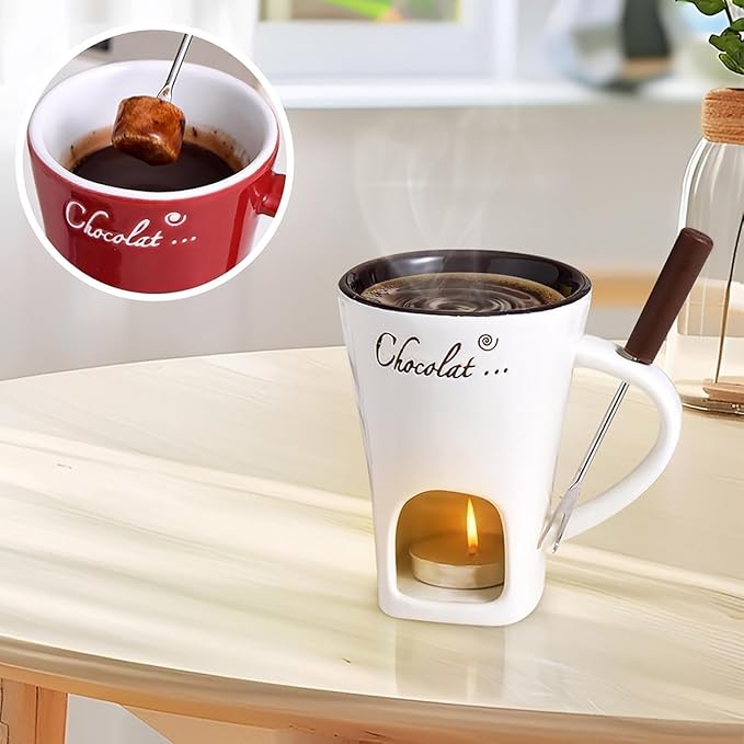 Meltie Cup, Portable Ceramic Meltie Cup Handcrafted Fondue Cups with Fork and Spoon, Chocolate Melting Mug Set for Desserts, Snacks (White)