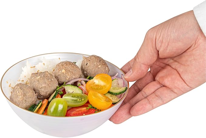 Restaurantware Plastic Bowls 100 Pcs 16 oz Gold Rimmed Disposable Soup Bowls Heavy-Duty White Translucent Rippled Dinnerware Containers for Party, Desserts, Salads, Snacks, and Catering