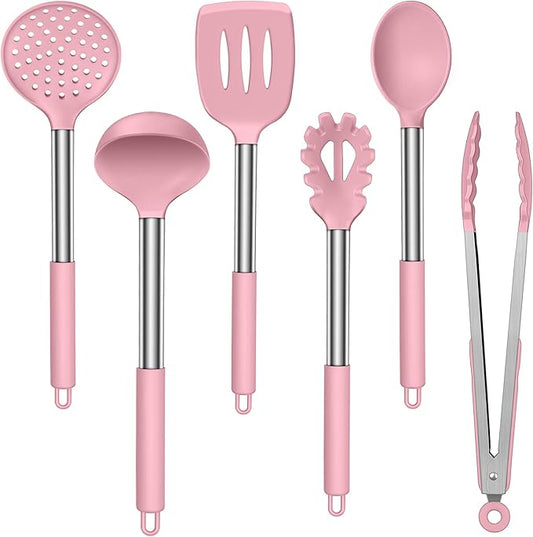 LIANYU Silicone Kitchen Utensils Set of 6, Cooking Utensils Spatula Set for Nonstick Cookware, Heat Resistant Kitchen Gadgets Tools, Stainless Steel Handle, Pink