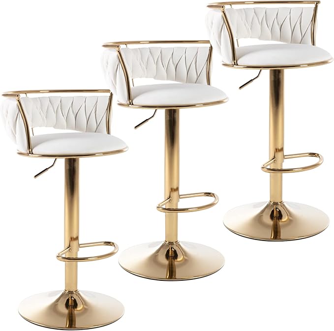 LukeAlon Modern Velvet Adjustable Barstools Set of 3, 360° Swivel Counter Stools with Golden Base Upholstered Open Back Tall Bar Chairs with Footrest for Home Pub Kitchen, White