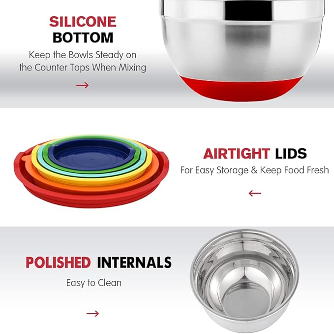 Rottay Mixing Bowls with Airtight Lids, 20PCS Stainless Steel Mixing Bowl Set, Nesting Bowls with 3 Grater Attachments & Non-Slip Bottoms, Size7, 4, 3, 2, 1.5, 1QT Bowls for Baking&Prepping