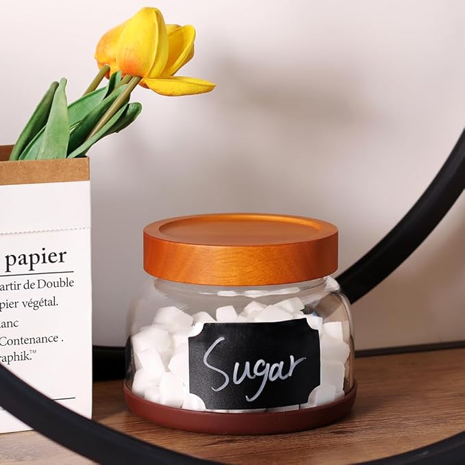 SAIOOL 2-Pack Glass Storage Containers with Lids - D 15cm x H 11cm, 1200 ML Airtight Food Jars, Wide Mouth Pantry Organization for Coffee, Flour, Snacks, Includes 2 Spoons & Labels