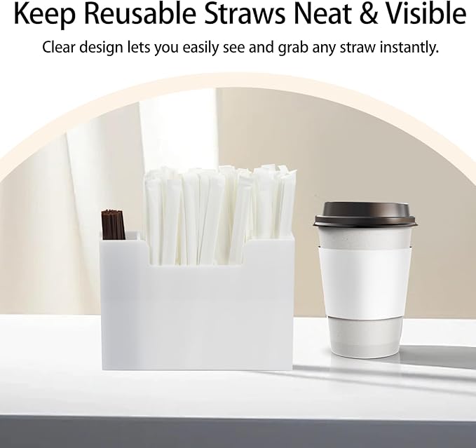 Acrylic Straw Organizer Holder for Counter Cabinet, 5 Slot Straw Dispenser with 2 Installation Methods for Kitchen Café Bar, White