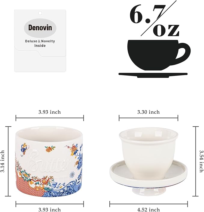 Butter Crock with Water Line, Ceramic Butter Keeper for Counter, French Butter Dish with Lid for Spreadable Fresh Butter (Orange and Blue Lotus)