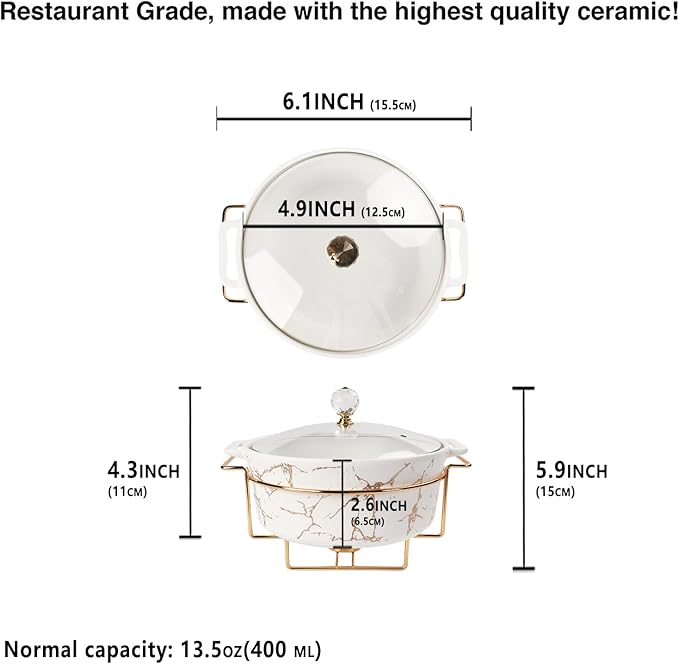 4.9 Inch Ceramic Mini Casserole Dish with Glass Lid and rack, 13.5 Oz Serving Soup Tureen, Chafing Dish for Individual Portion, Chocolate fondue, Fondue Pots Sets for Party Bakery Desserts