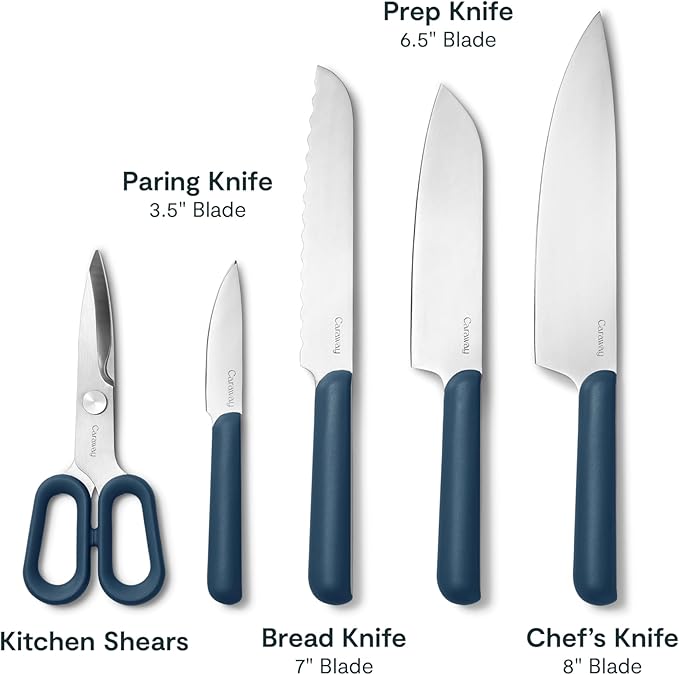 Caraway 14-Piece Kitchen Prep Set - Kitchen Knife Set & Wooden Utensil Set - Made With Premium German Steel Blades & FSC-Certified Birch Wood - Non-Toxic Materials - Includes Organizer - Navy