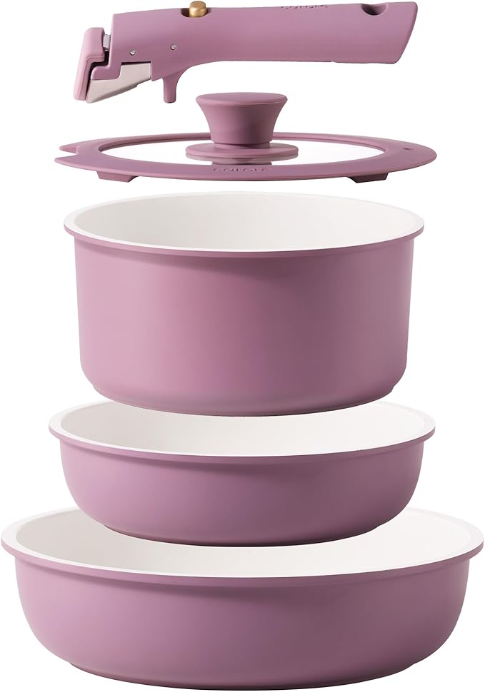 CAROTE 5pcs Pots and Pans Set Non stick,Cookware Set Detachable Handle,kitchen essentials,RV kitchen pot and pan,Induction Cookware,Oven Safe,PFOA PFOS FREE,Purple