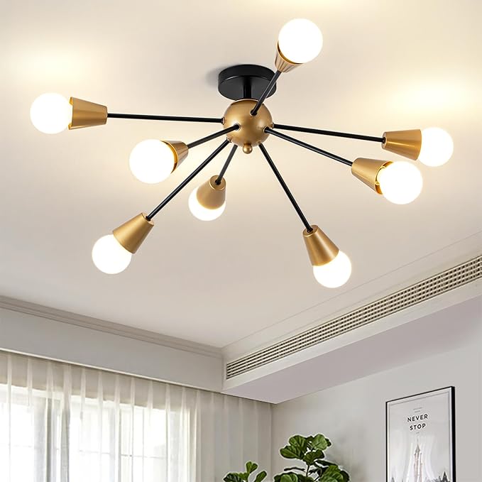Modern Sputnik Ceiling Light Fixture,8-Lights Black and Gold Sputnik Chandeliers, Industrial Metal Semi Flush Mount Ceiling Light Fixture for Bedroom Hallway Entryway Kitchen