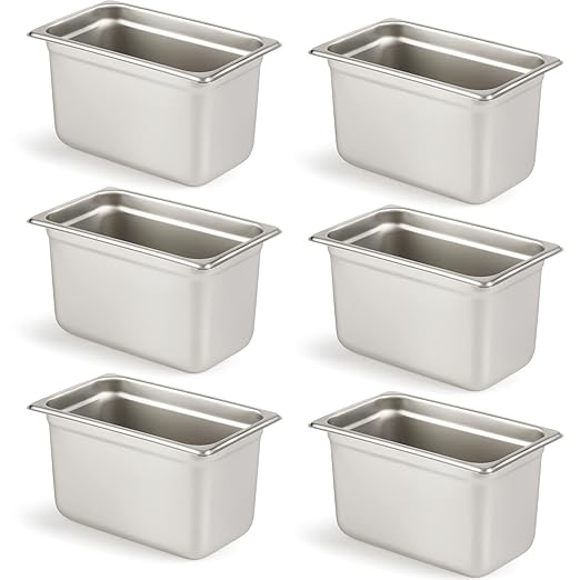 CURTA 6 Pack Anti-Jam Hotel Pans, 1/4 Size 6 Inch Deep, NSF Commercial 18/8 Stainless Steel Chafing Steam Table Pan, Catering Storage Metal Food Pan