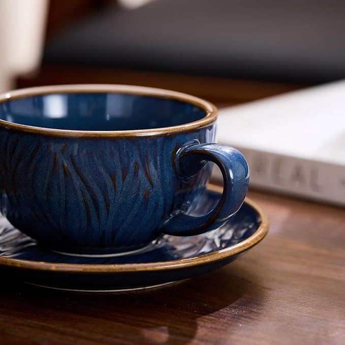 Vintage Design 12 oz Ceramic Latte Art Cappuccino Barista Cup with Saucer (Wave Blue)