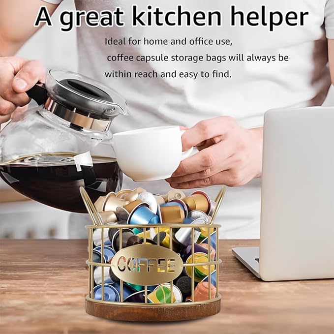Coffee Pod Holder for Counter, K Cup Holders Coffee Pods Storage Organizer,Coffee Bar Basket with Wooden Base for Kitchen Office Desktop (Gold)