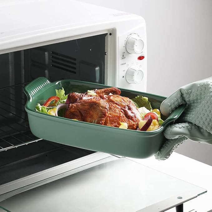 Sweejar Baking Pans Set, Ceramic 9x13 Baking Dish with Handle, Rectangular Casserole Dishes for Oven, Bakeware Sets of 3, Durable Lasagna Pan Deep for Kitchen, Banquet, Wedding Gift(Green)