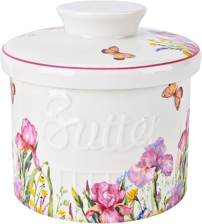 Ceramic Butter Crock With Water Line, Keeper for Counter, French Dish With Lid for Spreadable Fresh Butter (Spring Pink)