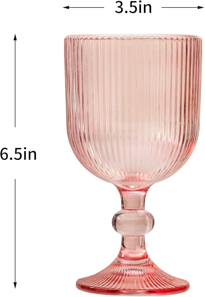 Pink Vintage Wine Glasses Set of 6, 11 Ounces Colored Glass Water Goblets, Unique Embossed Pattern High Clear Stemmed Glassware Wedding Party Bar Glass Drinking Cups Fancy Glasses Hand Wash Only